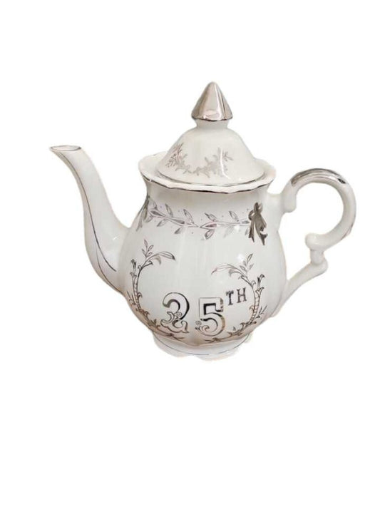 Vintage Lefton China Hand Painted Silver 25th Anniversary Tea Pot w LID