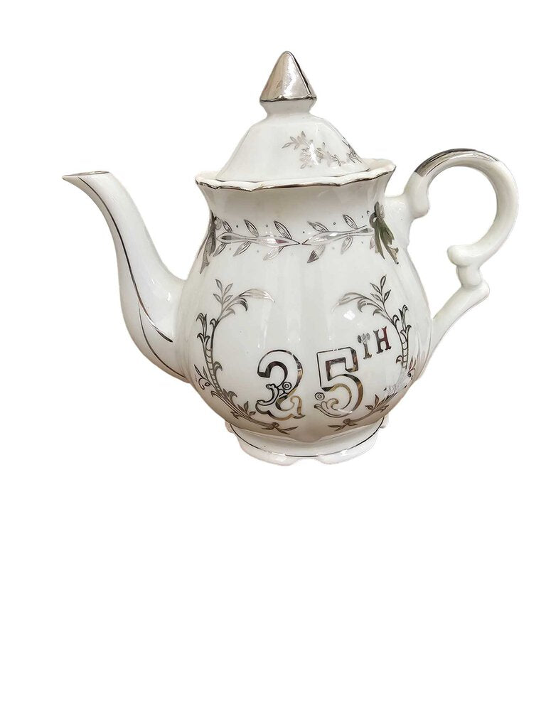 Vintage Lefton China Hand Painted Silver 25th Anniversary Tea Pot w LID