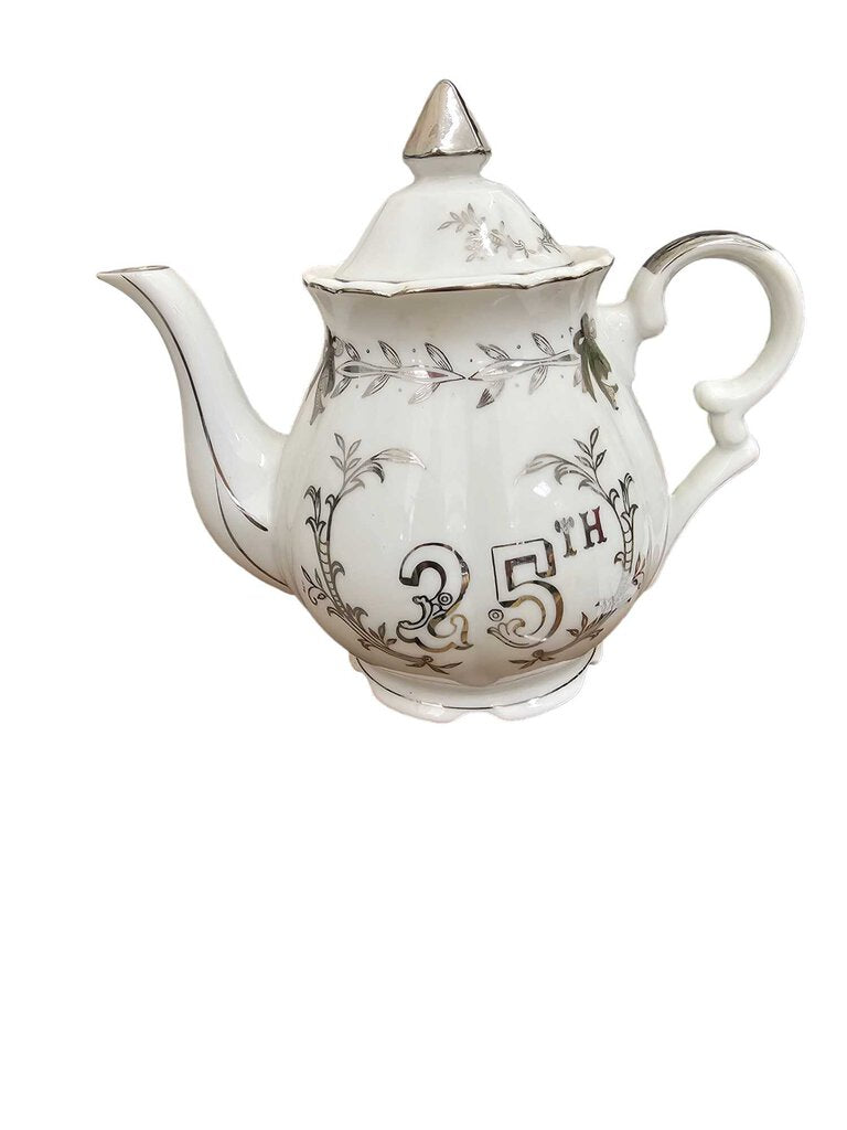 Vintage Lefton China Hand Painted Silver 25th Anniversary Tea Pot w LID
