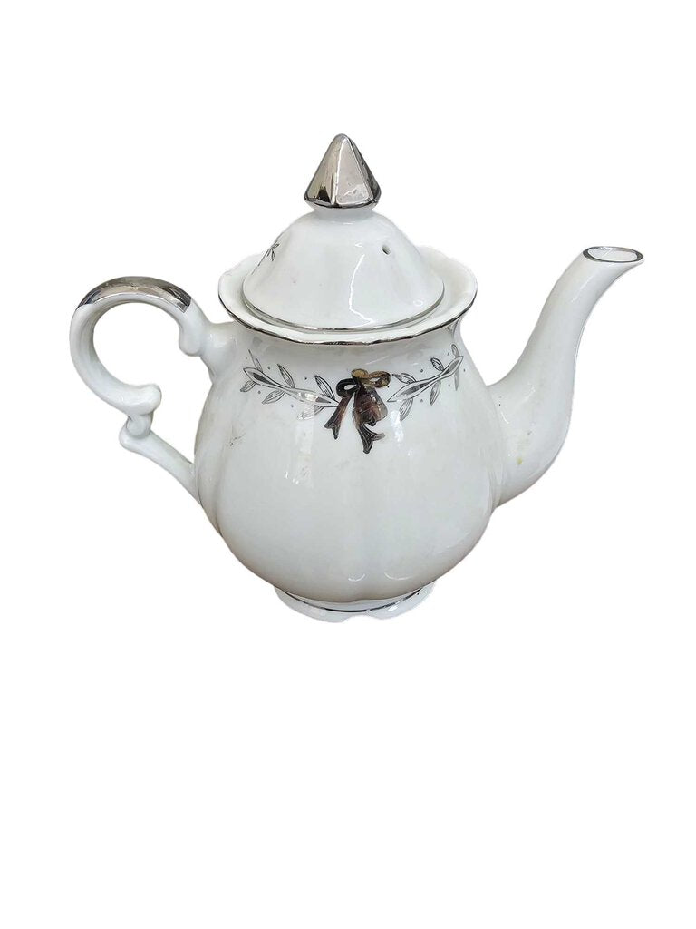 Vintage Lefton China Hand Painted Silver 25th Anniversary Tea Pot w LID