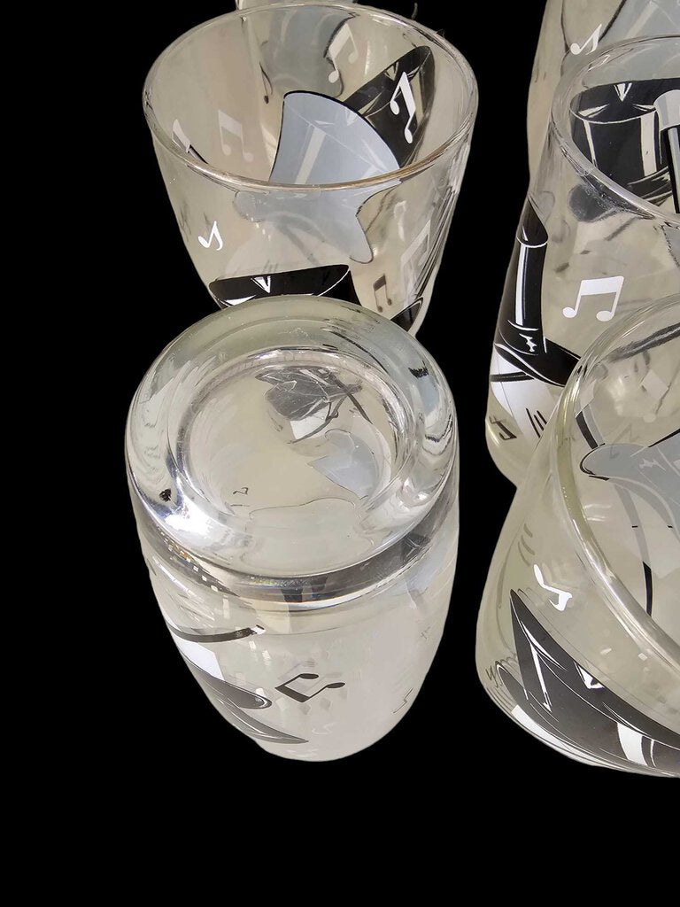 Vintage Highball Glasses Set 6 Top Hat white Glove Cane Music Notes