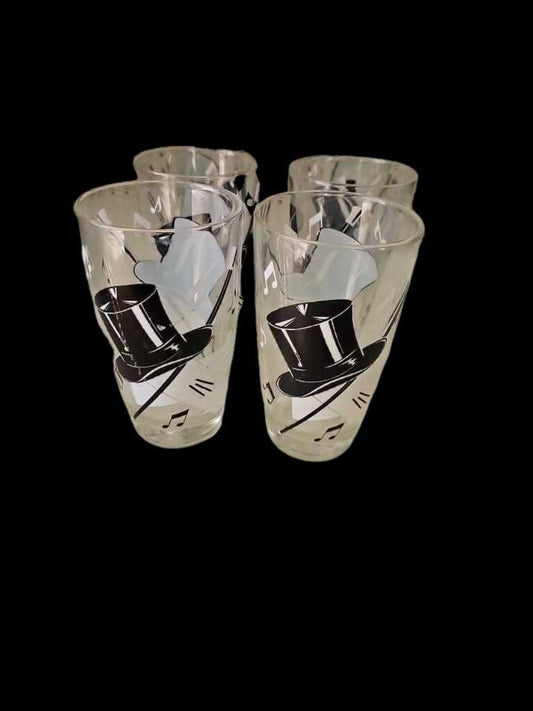 Vintage Highball Glasses Set 6 Top Hat white Glove Cane Music Notes