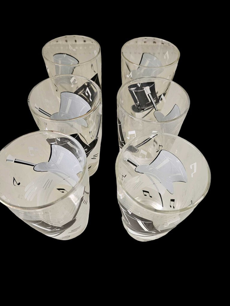 Vintage Highball Glasses Set 6 Top Hat white Glove Cane Music Notes