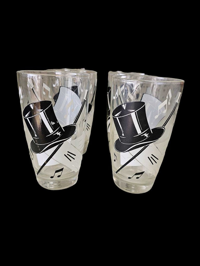 Vintage Highball Glasses Set 6 Top Hat white Glove Cane Music Notes
