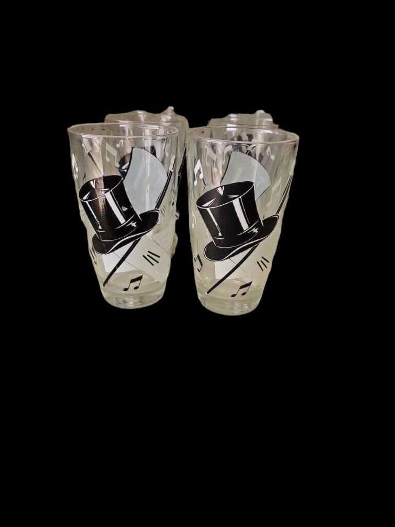 Vintage Highball Glasses Set 6 Top Hat white Glove Cane Music Notes