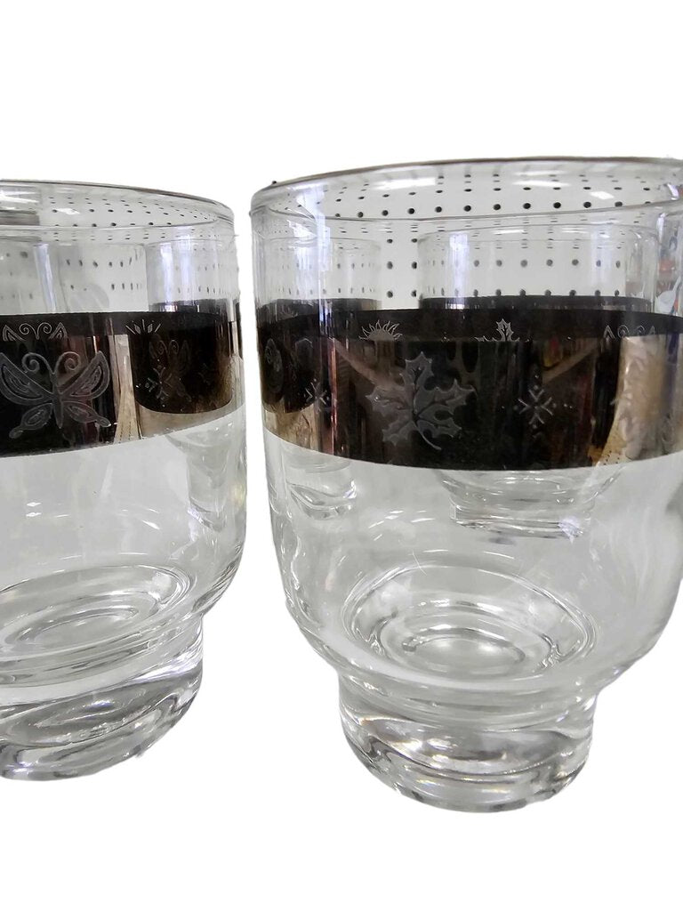 Vintage Silver Rim Brandy Old Fashioned Water Glasses Four Season Glasses Set 4