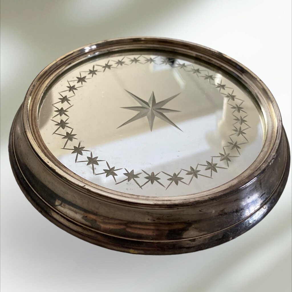 Vintage Silver Rimmed Etched Mirror Plate Coaster