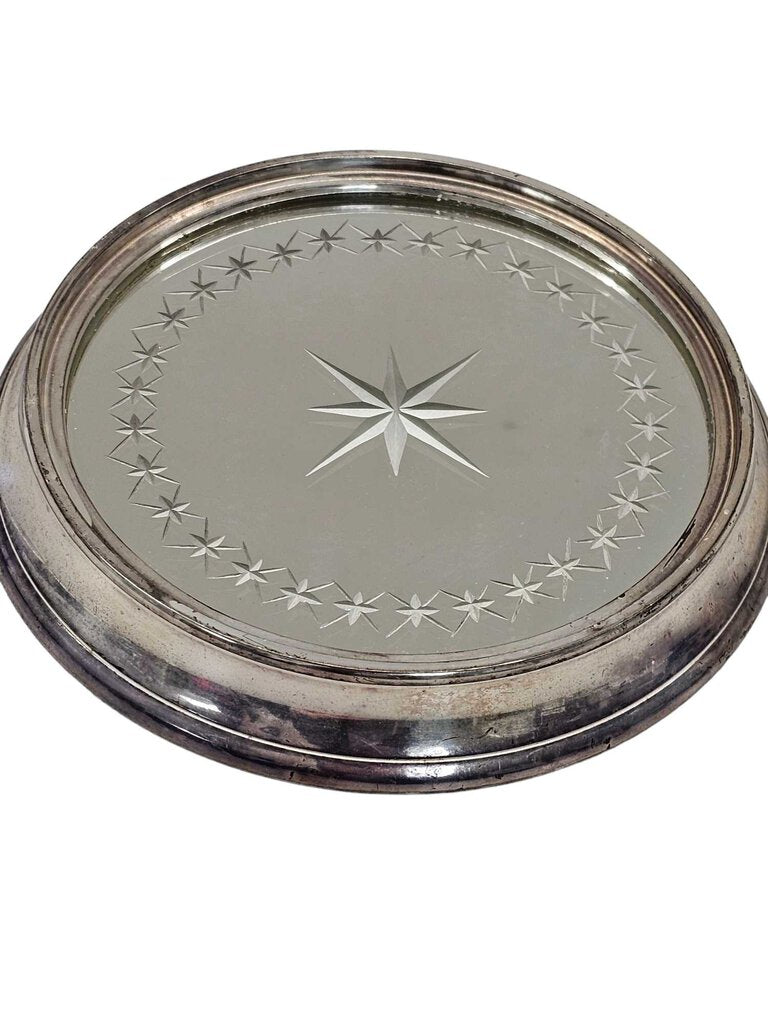 Vintage Silver Rimmed Etched Mirror Plate Coaster