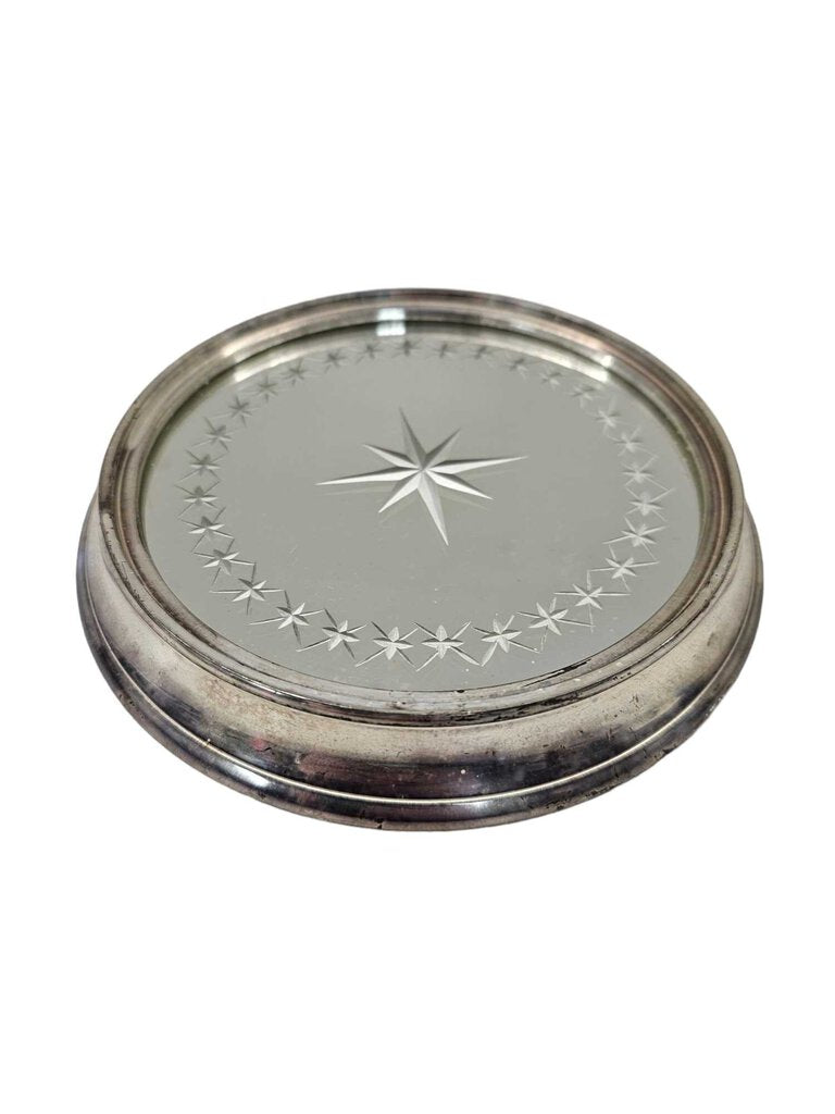 Vintage Silver Rimmed Etched Mirror Plate Coaster