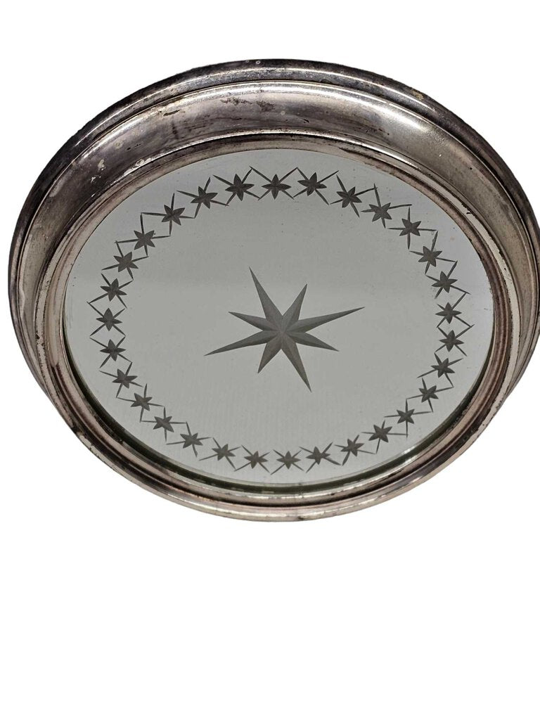Vintage Silver Rimmed Etched Mirror Plate Coaster