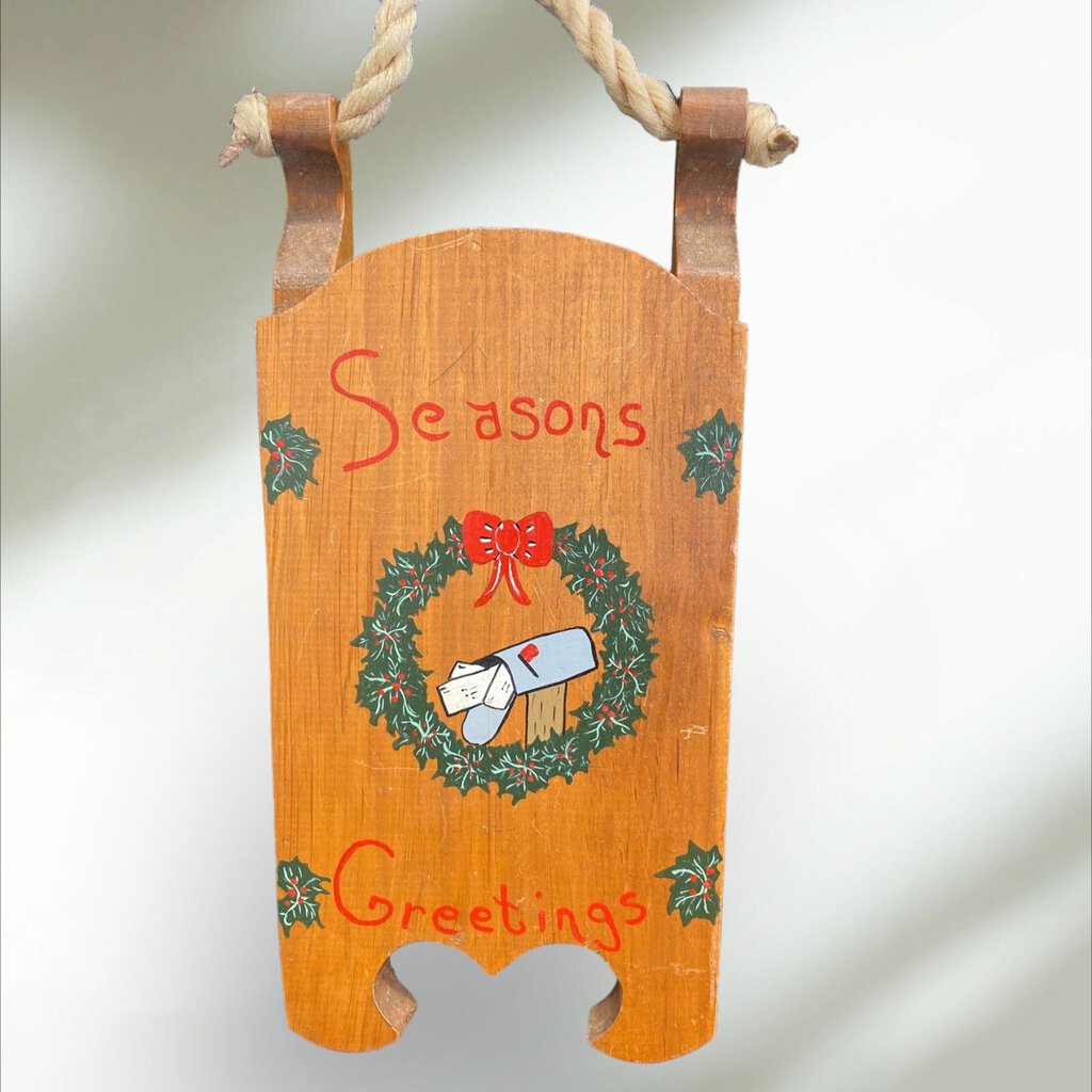 Seasons Greetings Wooden Sled wall Art 15" Tall 5.5" Wide 2" Thick