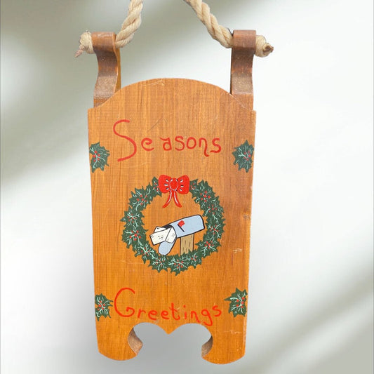 Seasons Greetings Wooden Sled wall Art 15" Tall 5.5" Wide 2" Thick
